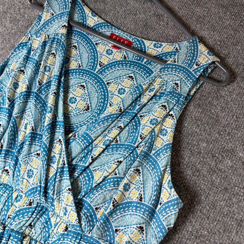 ELLE Women Blue Geometric Print Sleeveless V Neck Wrap‎ Midi Dress Size L